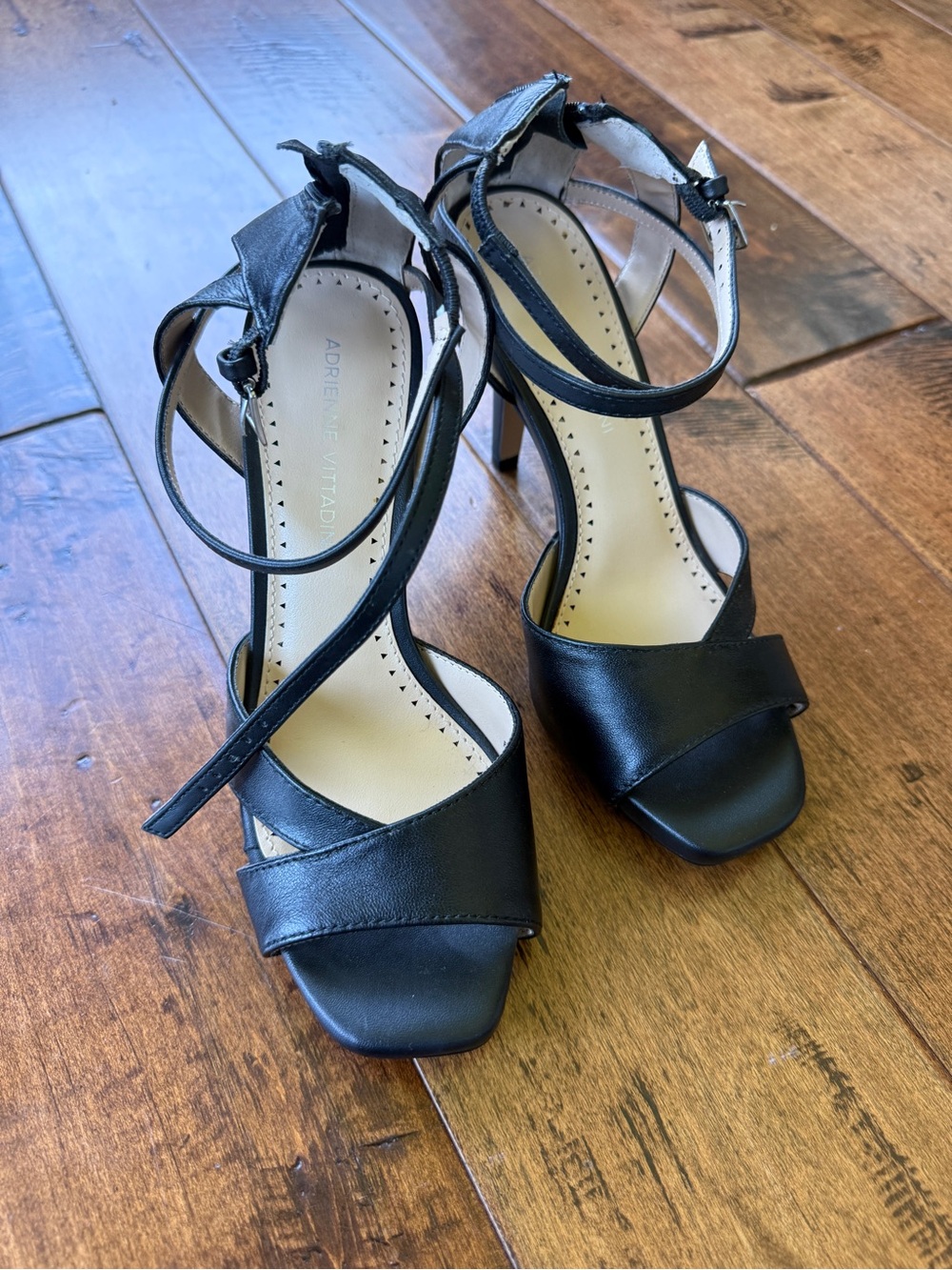 Adrienne Vittadini Black Strappy Leather High-Heel Sandals